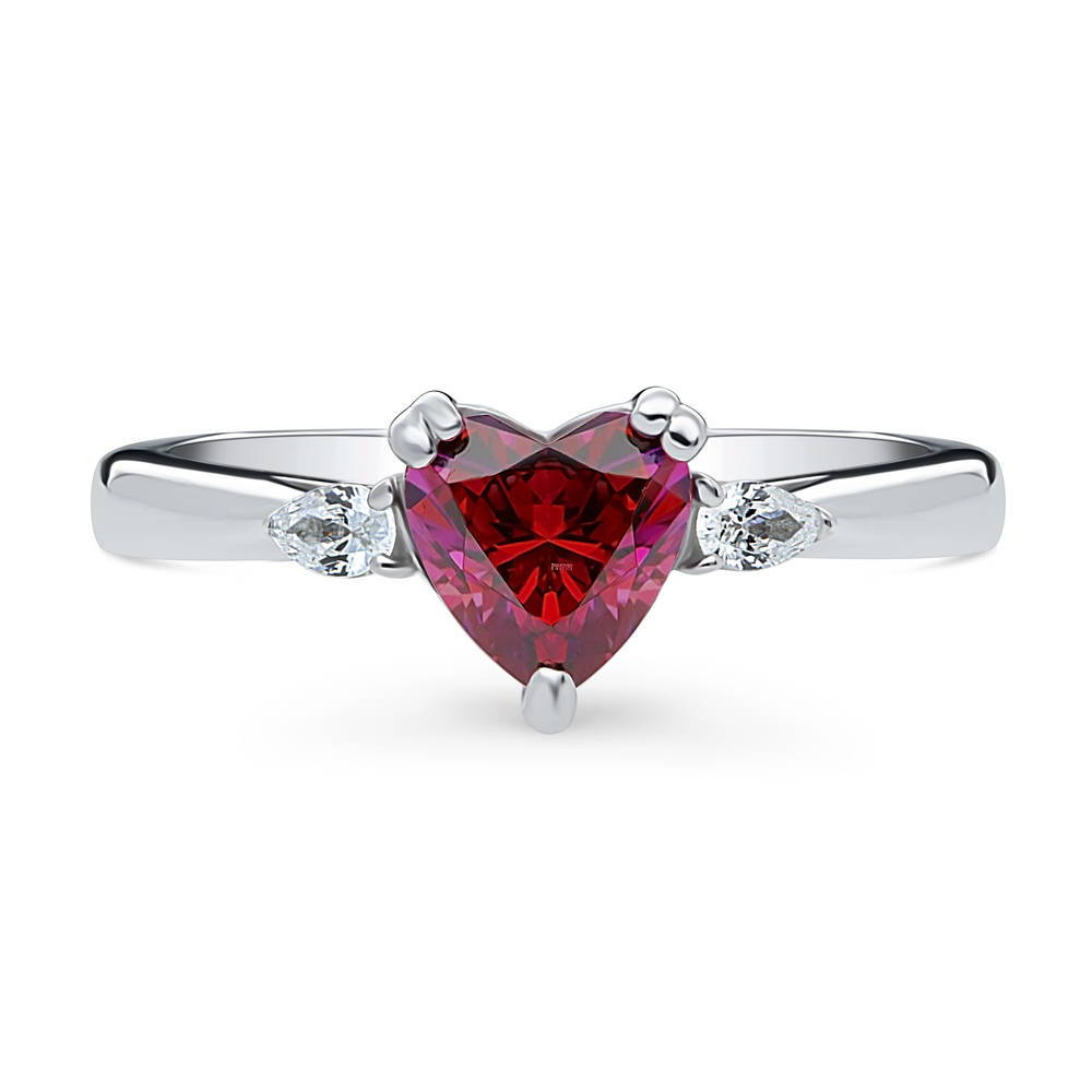 3-Stone Heart Red CZ Ring in Sterling Silver