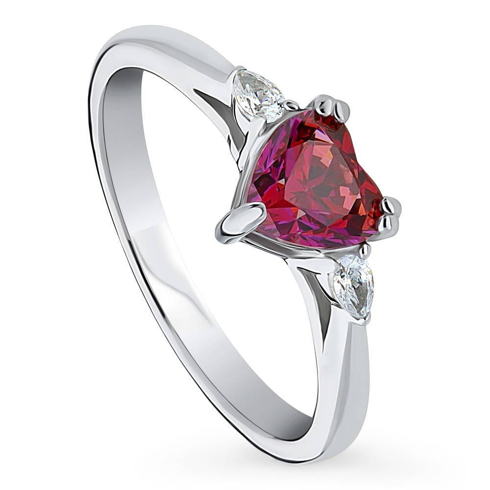 3-Stone Red Heart CZ Ring in Sterling Silver