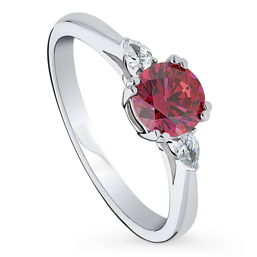 3-Stone Red Round CZ Ring in Sterling Silver