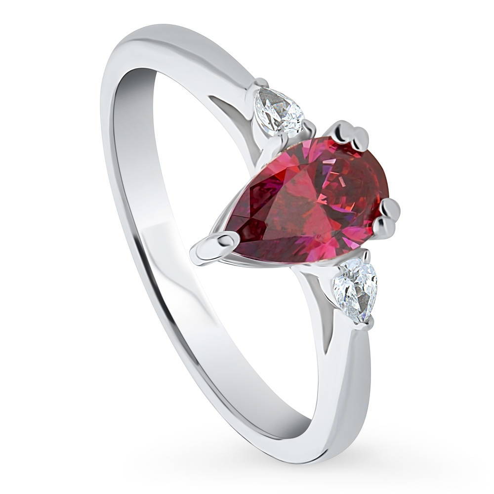 3-Stone Red Pear CZ Ring in Sterling Silver