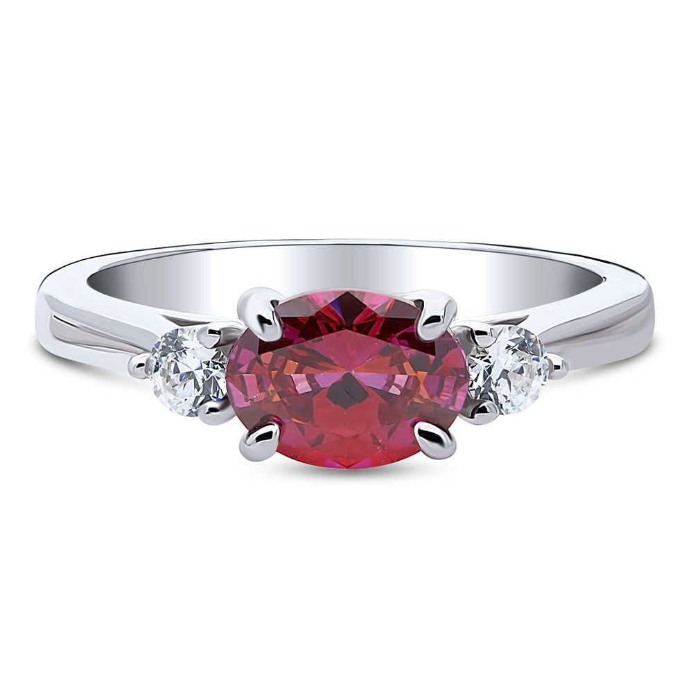 3-Stone East-West Red Oval CZ Ring in Sterling Silver