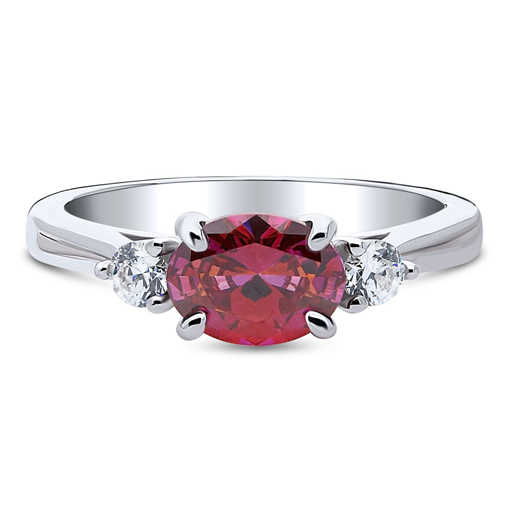 3-Stone East-West Red Oval CZ Ring in Sterling Silver, 1 of 7