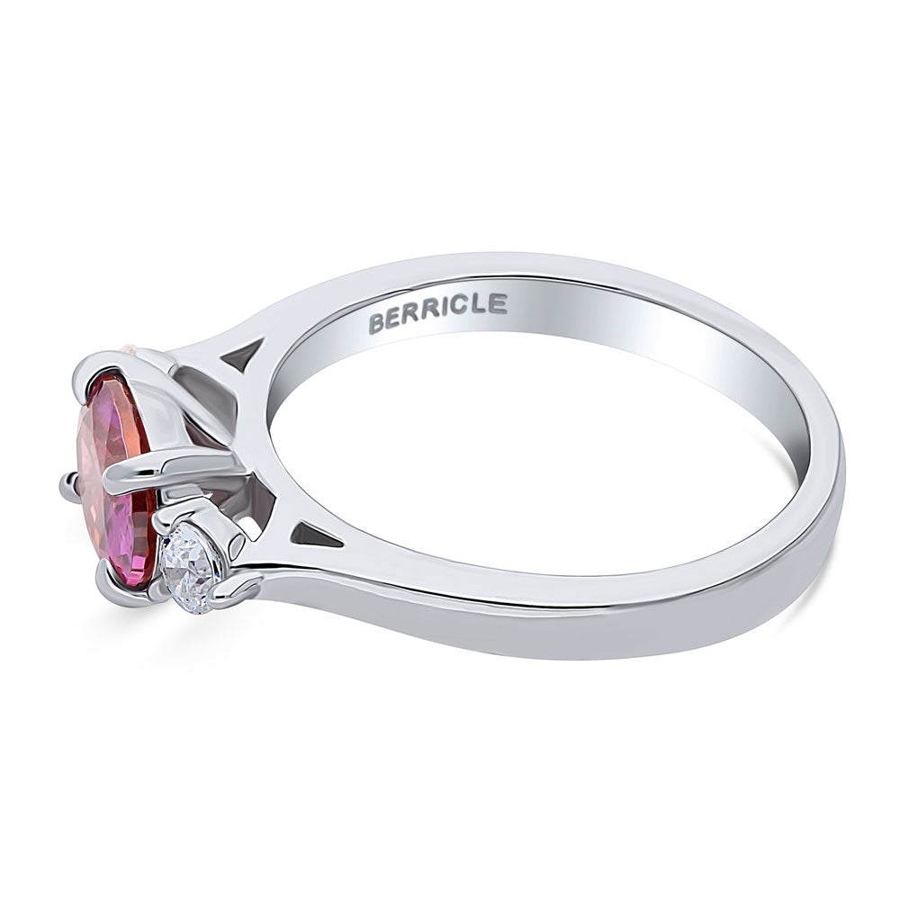 Angle view of 3-Stone East-West Red Oval CZ Ring in Sterling Silver, 5 of 7