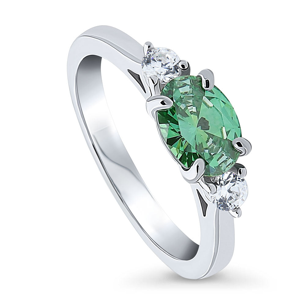 Front view of 3-Stone East-West Green Oval CZ Ring in Sterling Silver, 4 of 7