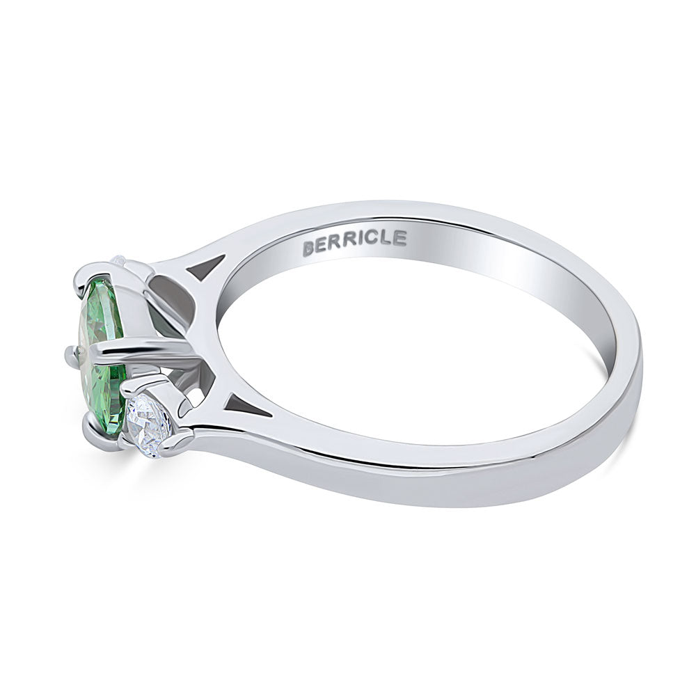 Angle view of 3-Stone East-West Green Oval CZ Ring in Sterling Silver, 5 of 7