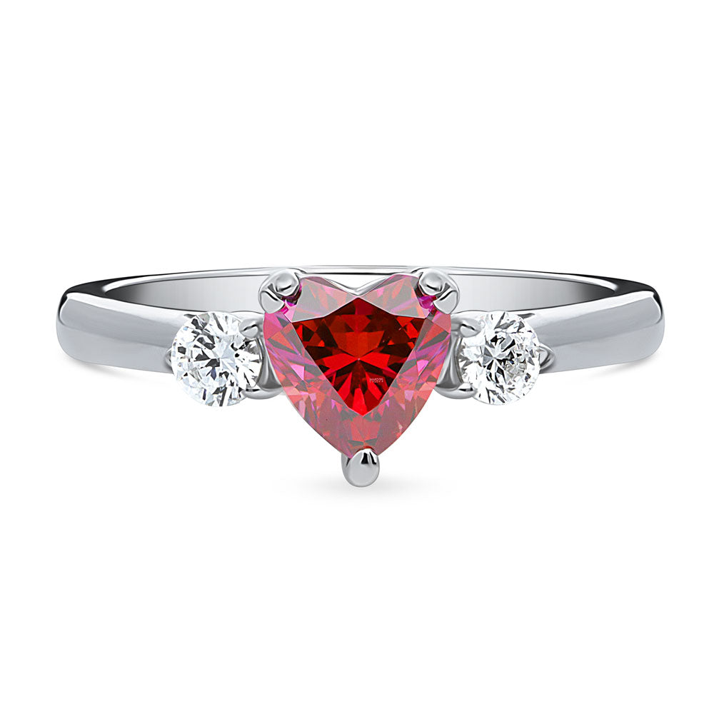 3-Stone Heart 0.7ct Red Heart CZ Ring in Sterling Silver