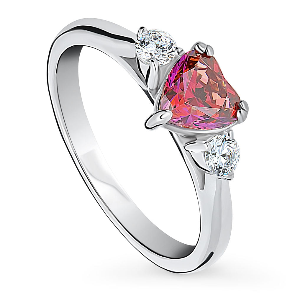 3-Stone Heart Red CZ Ring in Sterling Silver