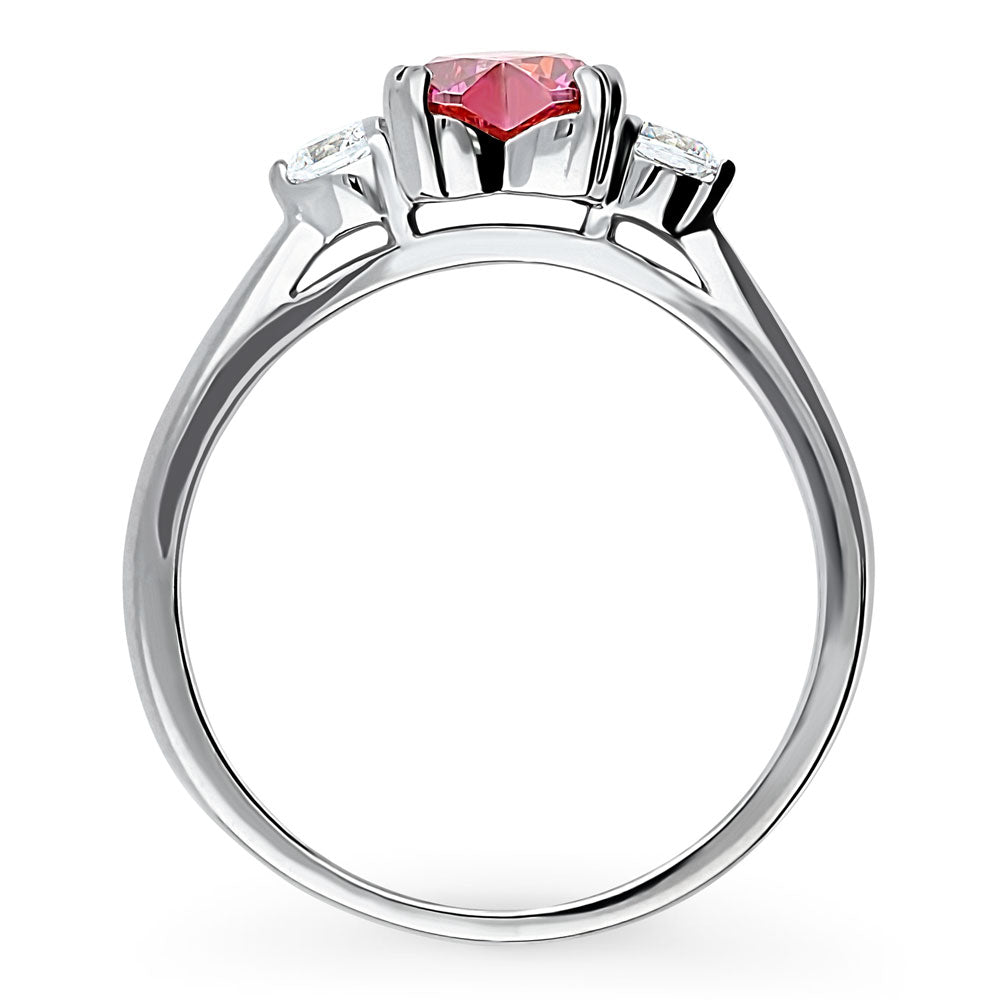 3-Stone Heart Red CZ Ring in Sterling Silver