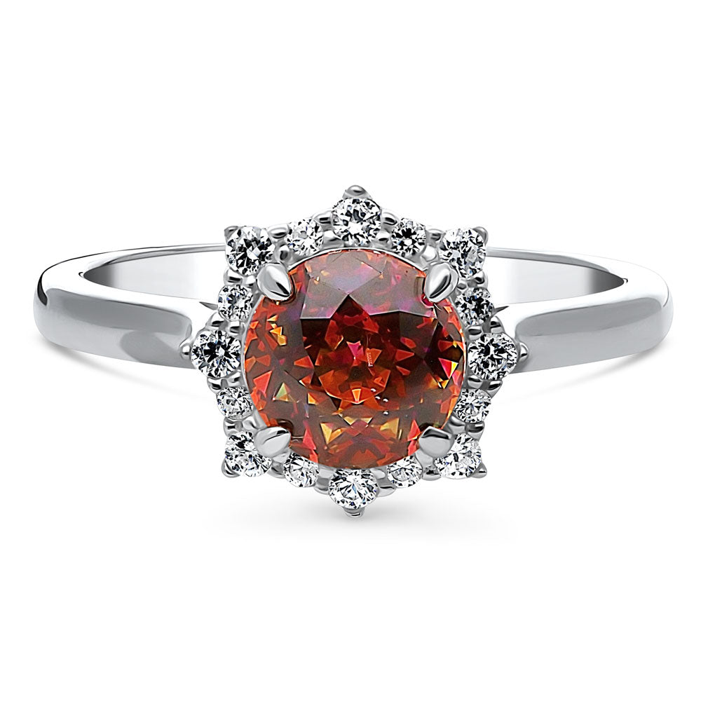 Halo Sunburst Red Orange Round CZ Ring in Sterling Silver