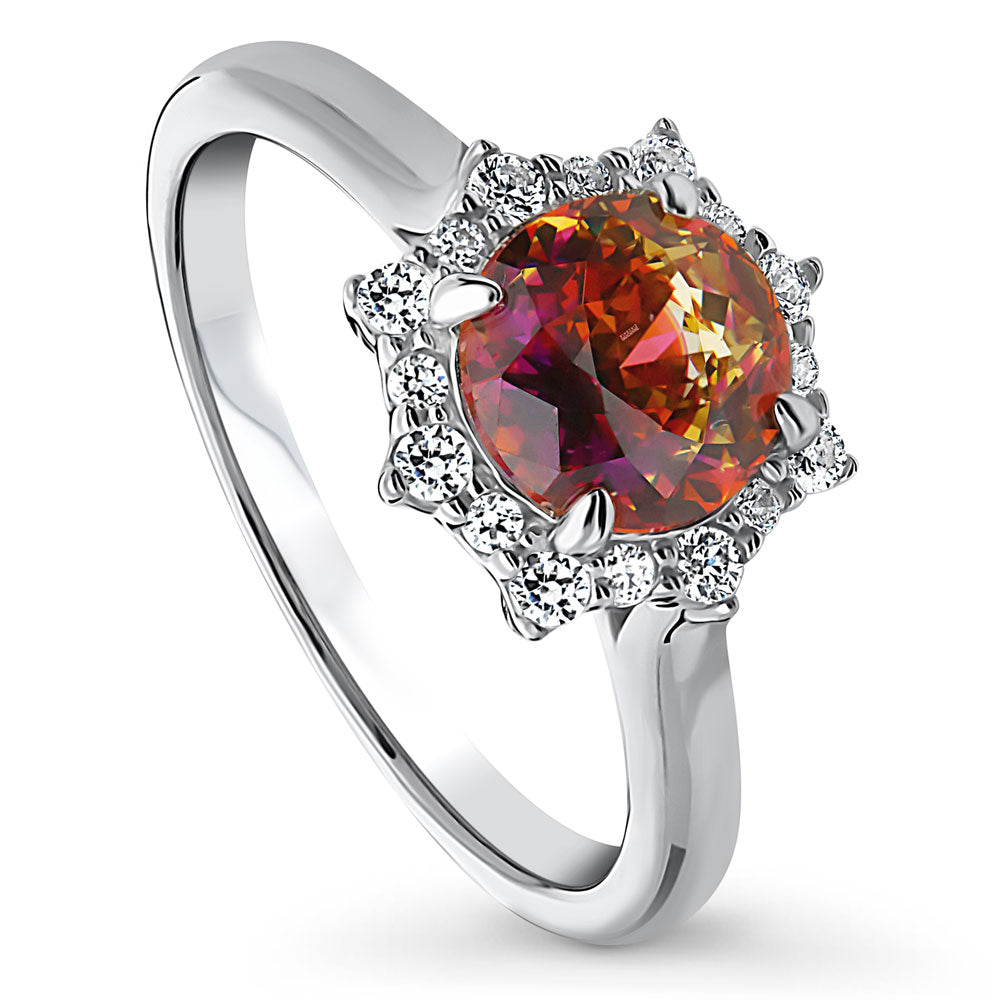 Halo Sunburst Red Orange Round CZ Ring in Sterling Silver