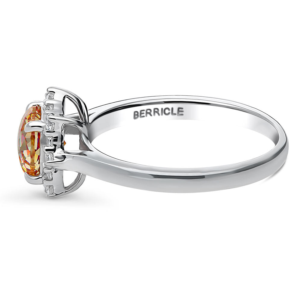 Halo Sunburst Red Orange Round CZ Ring in Sterling Silver