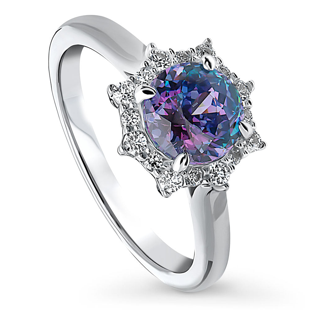 Halo Sunburst Purple Aqua Round CZ Ring in Sterling Silver