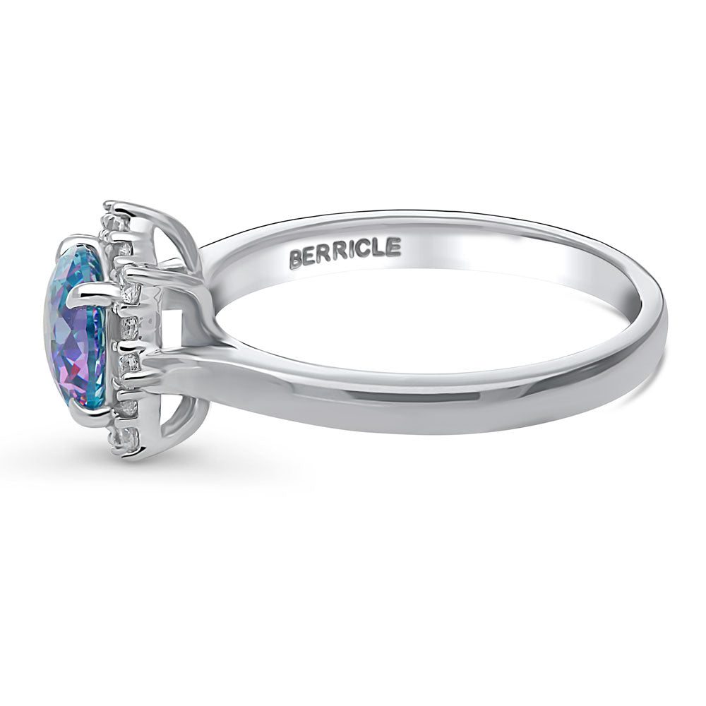 Halo Sunburst Purple Aqua Round CZ Ring in Sterling Silver