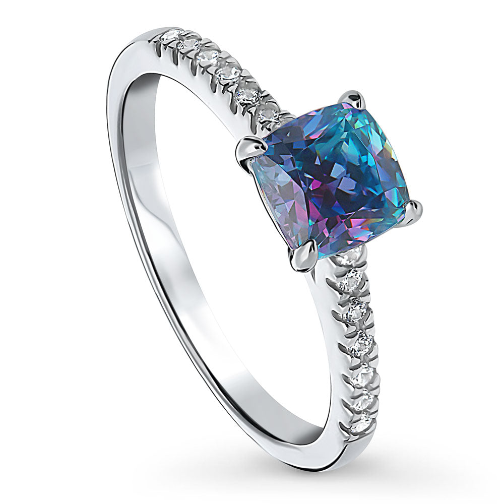 Front view of Solitaire Purple Aqua Cushion CZ Ring in Sterling Silver 1.25ct, 4 of 7