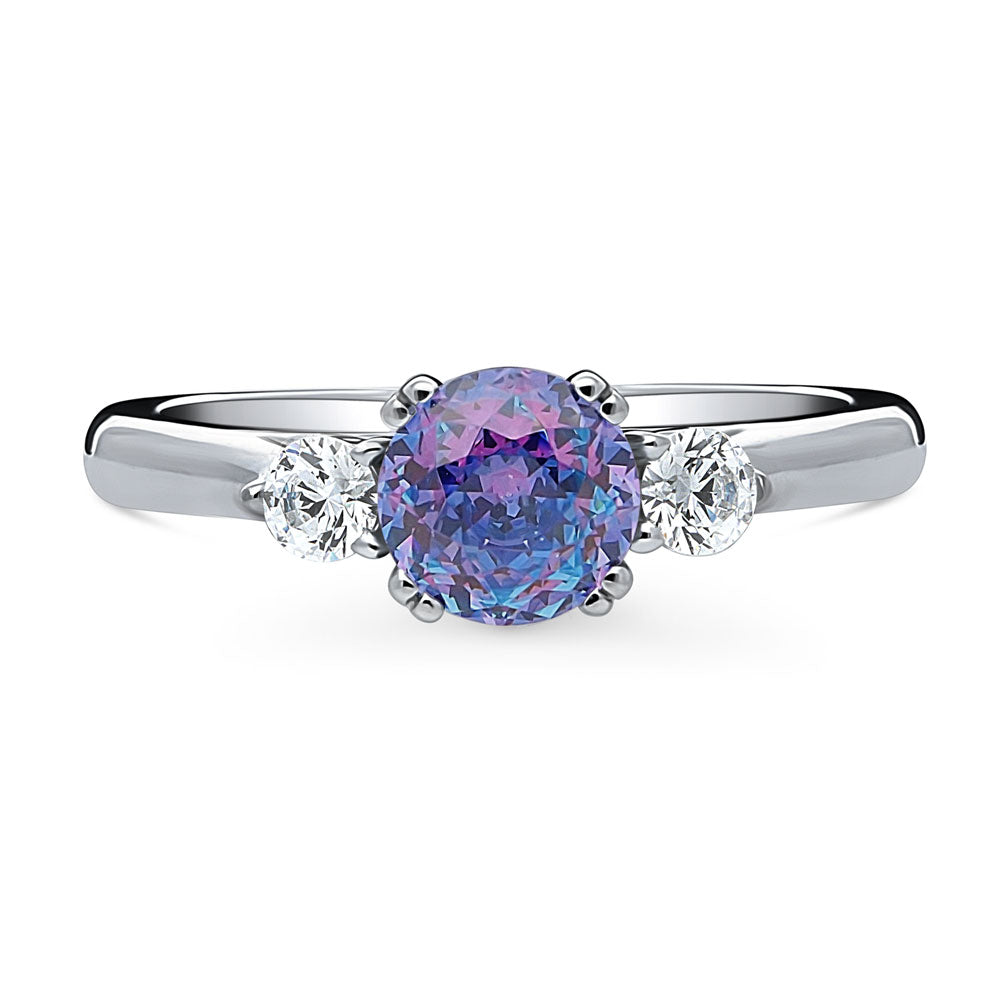 3-Stone Kaleidoscope Purple Aqua Round CZ Ring in Sterling Silver
