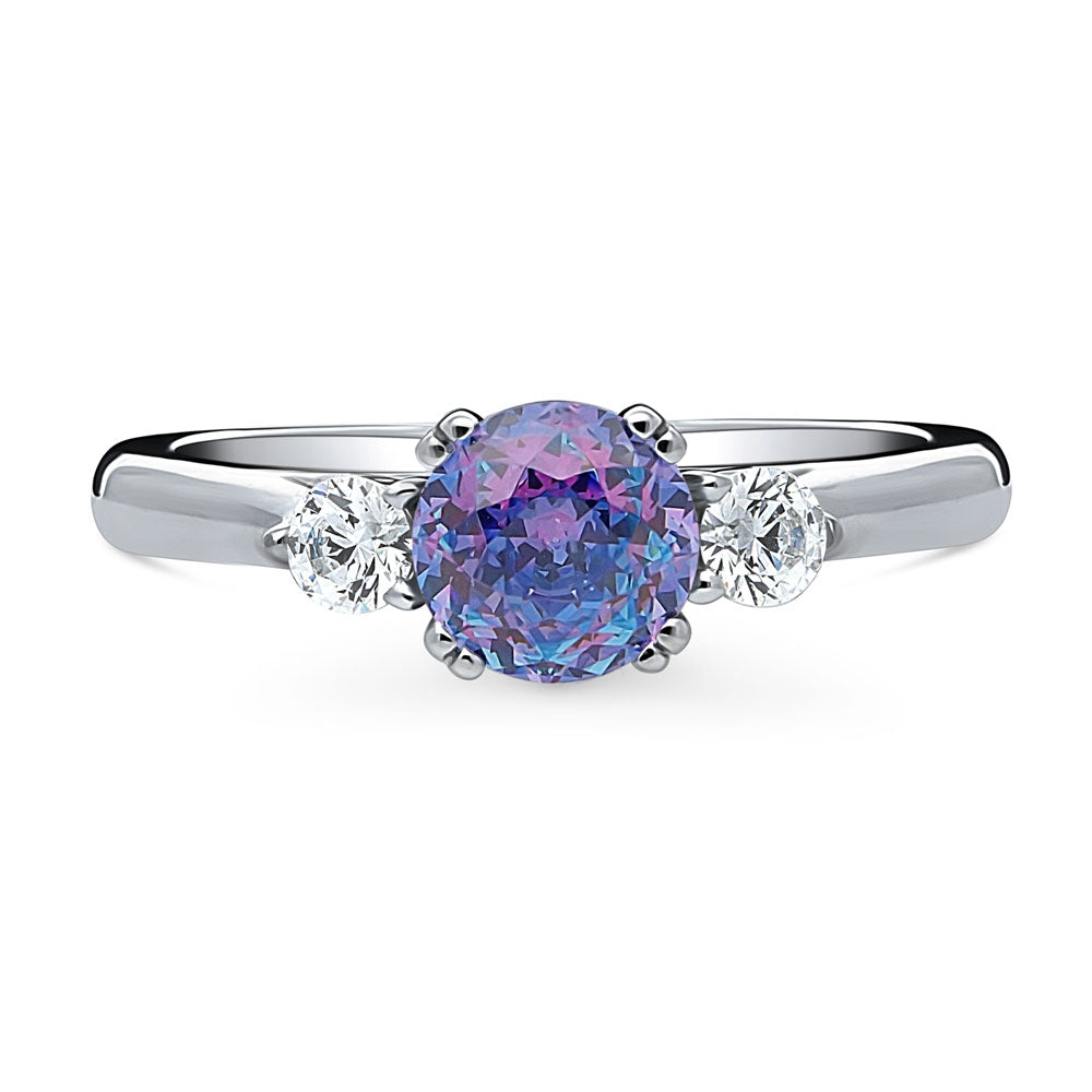 3-Stone Kaleidoscope Purple Aqua Round CZ Ring in Sterling Silver, 1 of 8