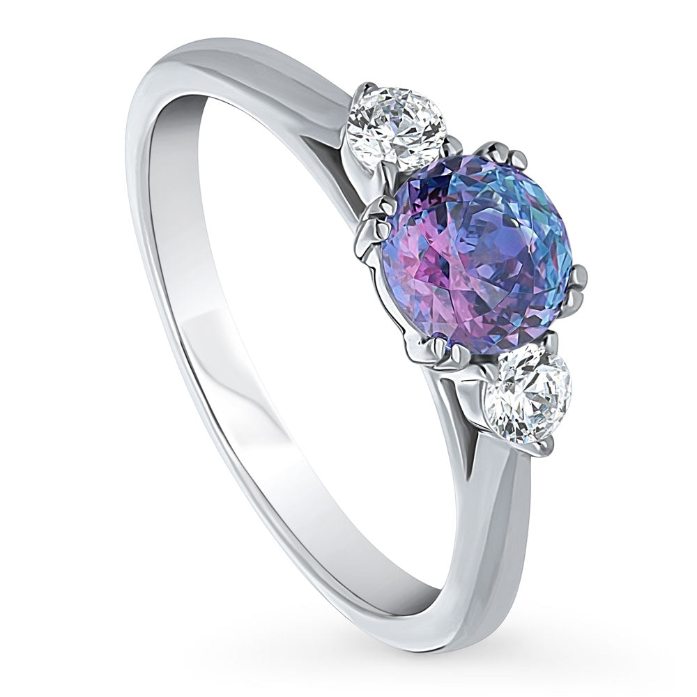 3-Stone Kaleidoscope Purple Aqua Round CZ Ring in Sterling Silver