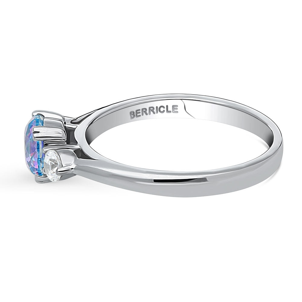 Angle view of 3-Stone Kaleidoscope Purple Aqua Round CZ Ring in Sterling Silver, 5 of 8