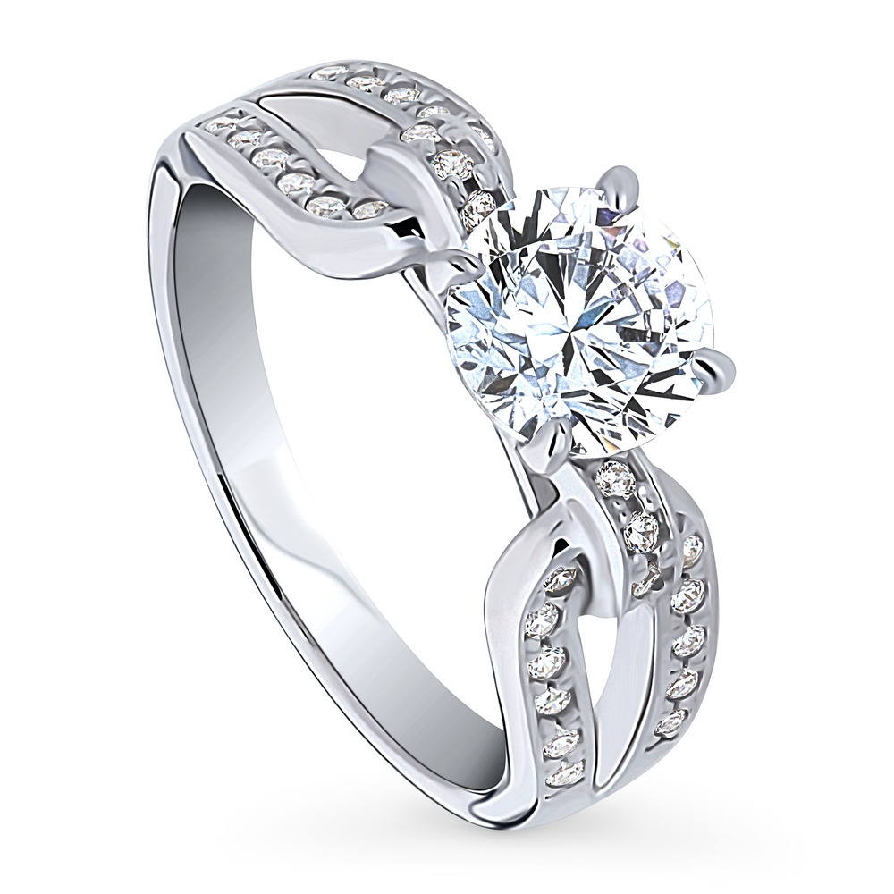 Front view of Solitaire Interlocking 1.25ct Round CZ Ring in Sterling Silver, 4 of 8