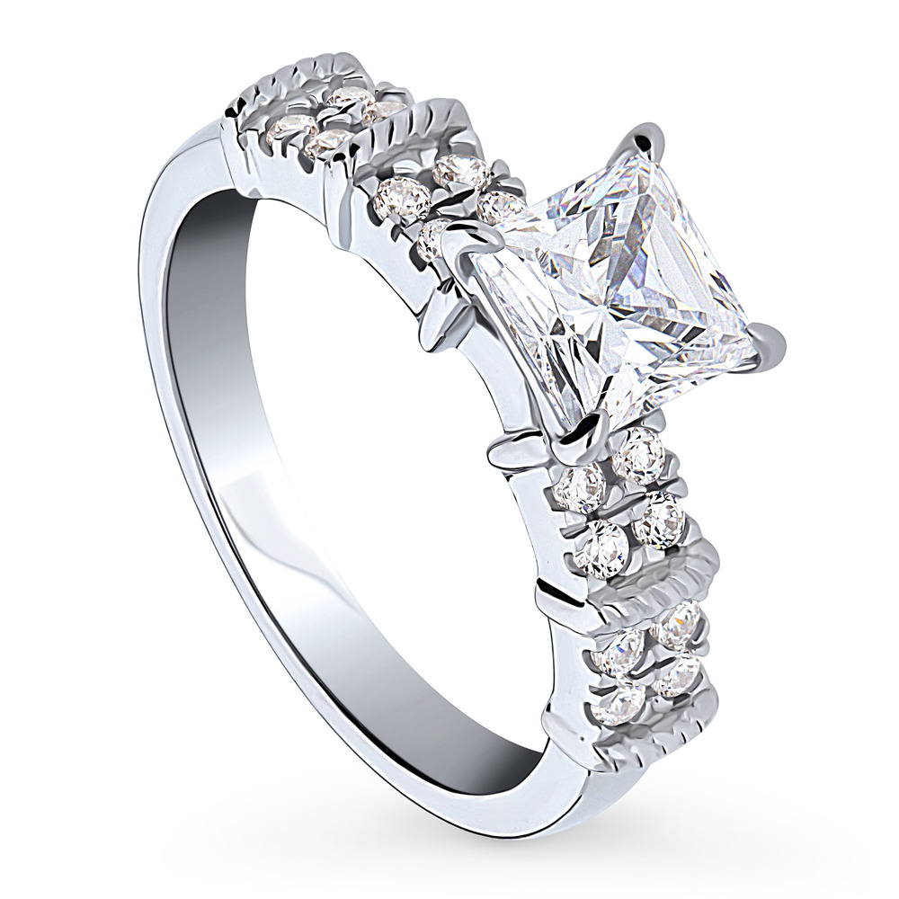 Front view of Solitaire 1.2ct Princess CZ Ring in Sterling Silver, 4 of 8