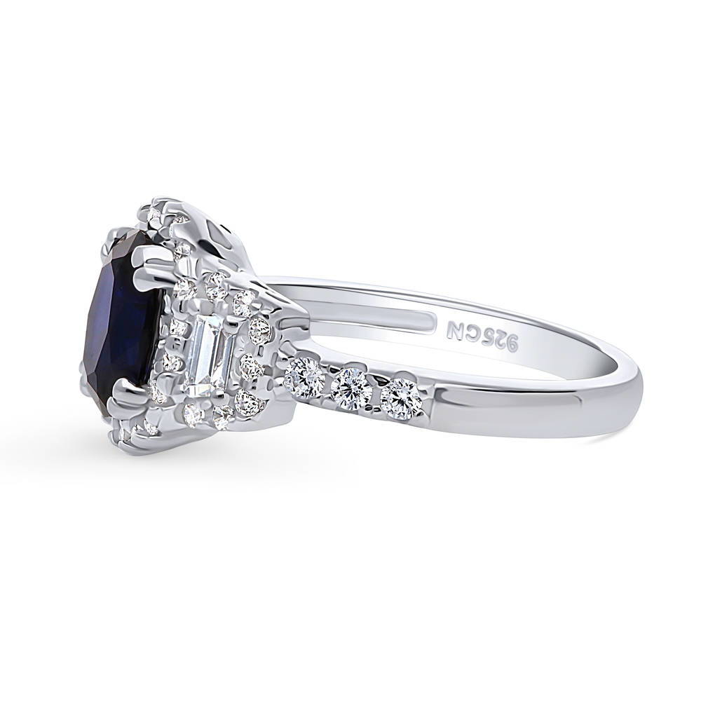 3-Stone Halo Simulated Blue Sapphire Oval CZ Ring in Sterling Silver