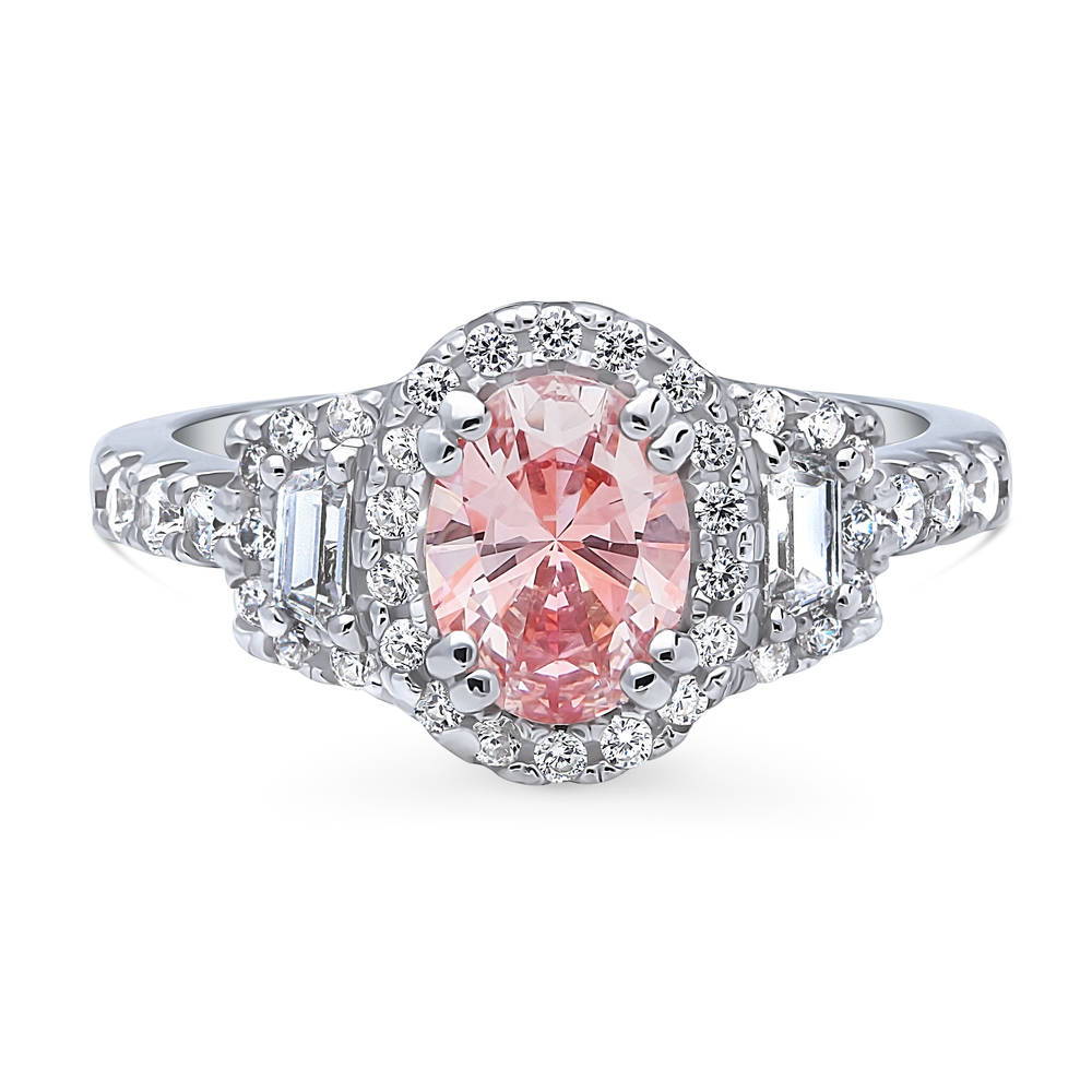 3-Stone Halo Morganite Color Oval CZ Ring in Sterling Silver