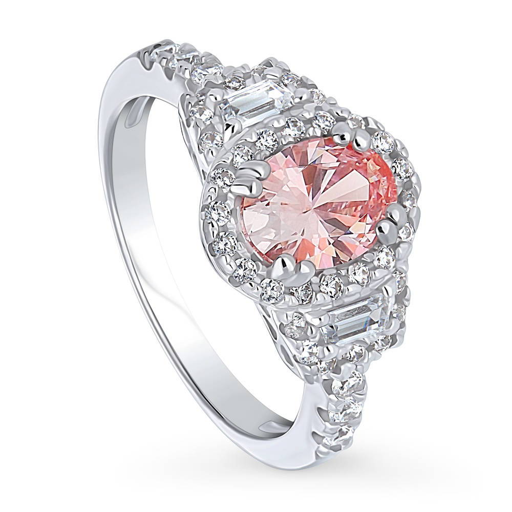 3-Stone Halo Morganite Color Oval CZ Ring in Sterling Silver