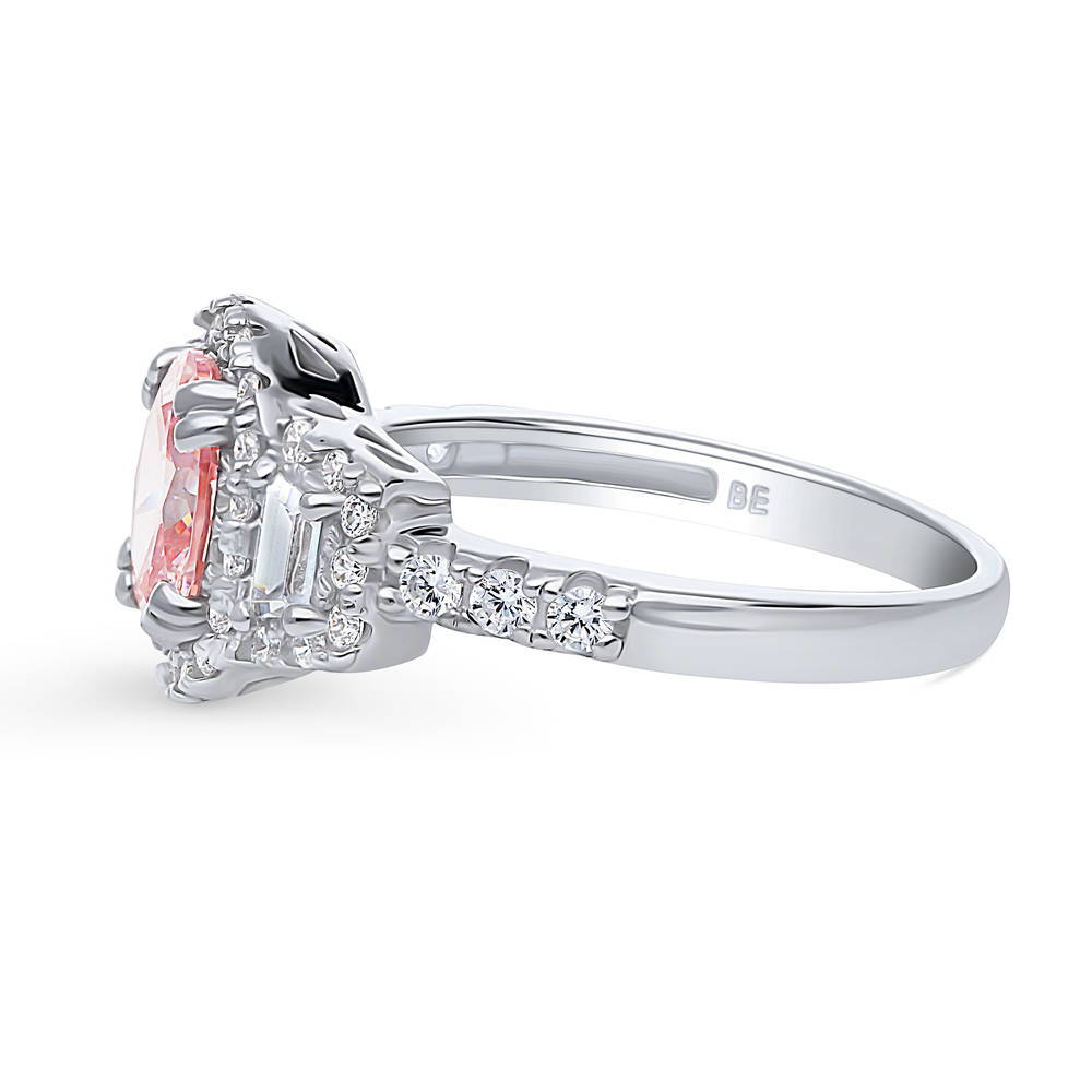 3-Stone Halo Morganite Color Oval CZ Ring in Sterling Silver