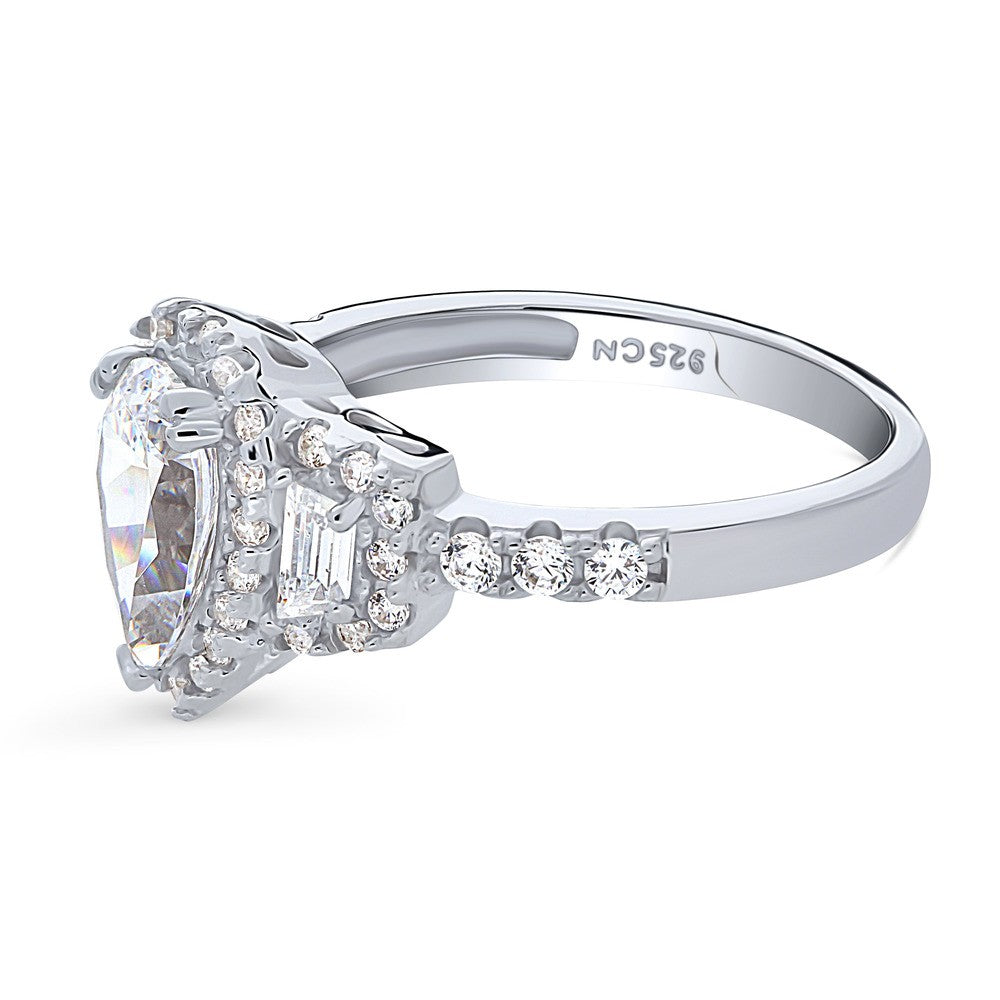 3-Stone Halo Art Deco 1.3ct Pear CZ Ring in Sterling Silver