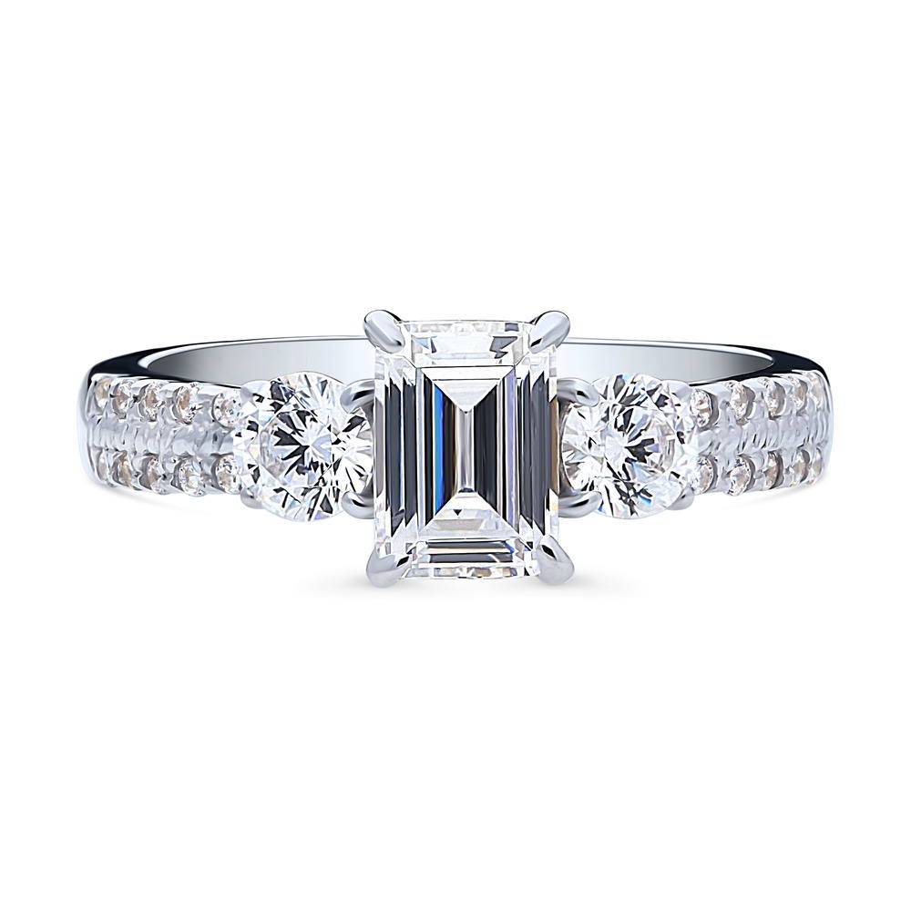 3-Stone Emerald Cut CZ Ring in Sterling Silver, 1 of 8