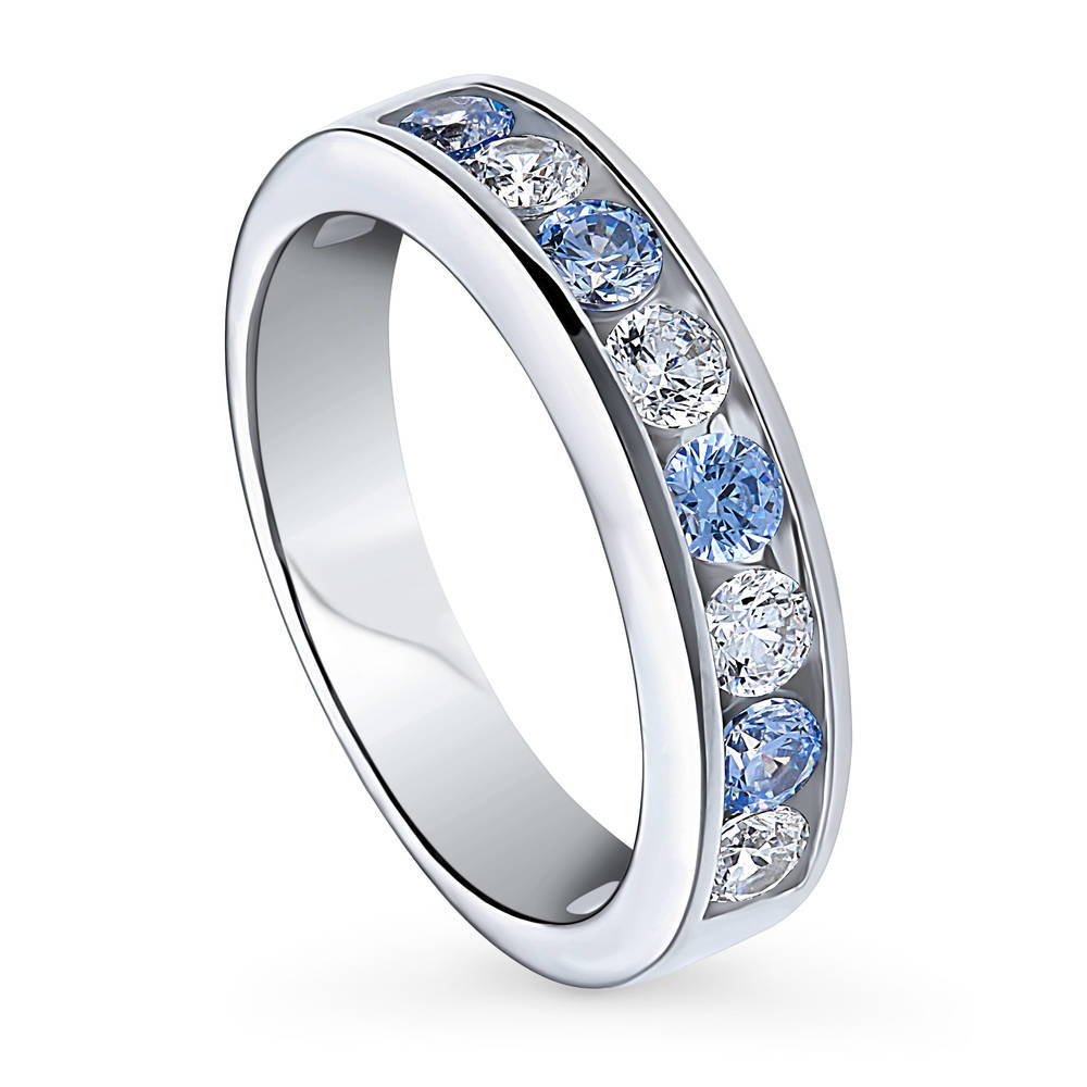 Front view of Greyish Blue Channel CZ Stackable Half Eternity Ring in Sterling Silver, 4 of 8
