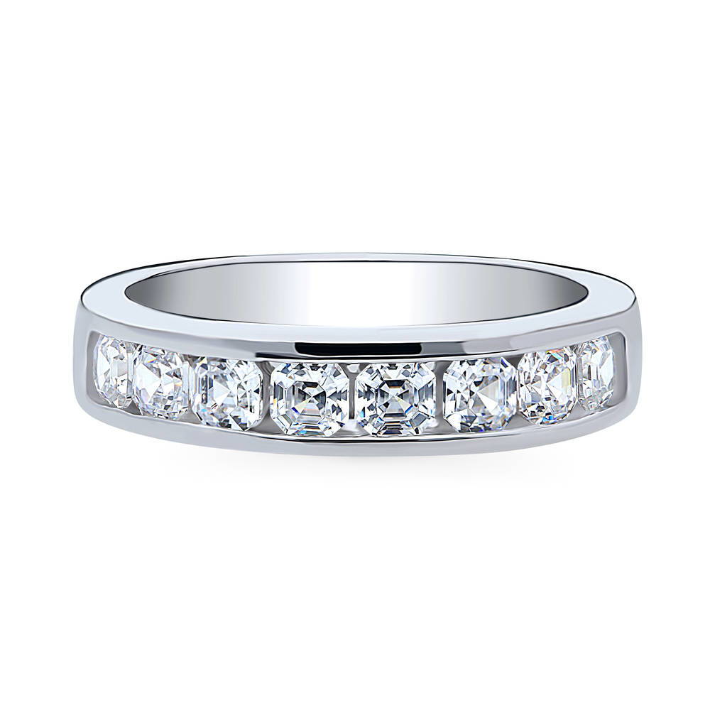 Channel Set Asscher CZ Half Eternity Ring in Sterling Silver