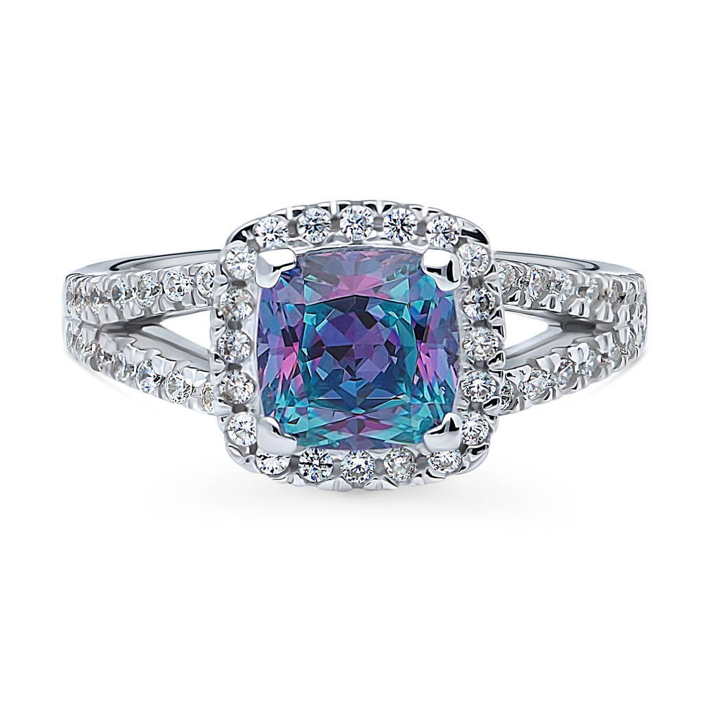 Halo Purple Aqua Cushion CZ Split Shank Ring in Sterling Silver