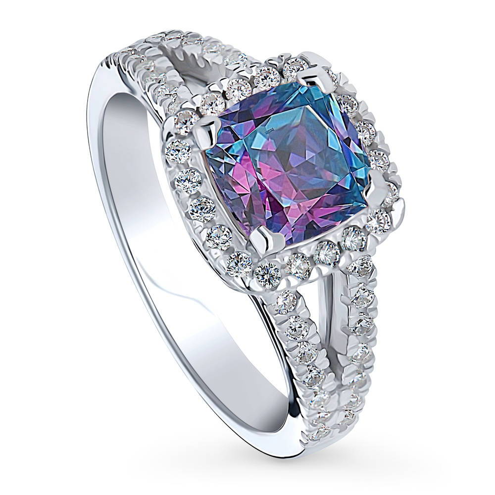 Halo Purple Aqua Cushion CZ Split Shank Ring in Sterling Silver