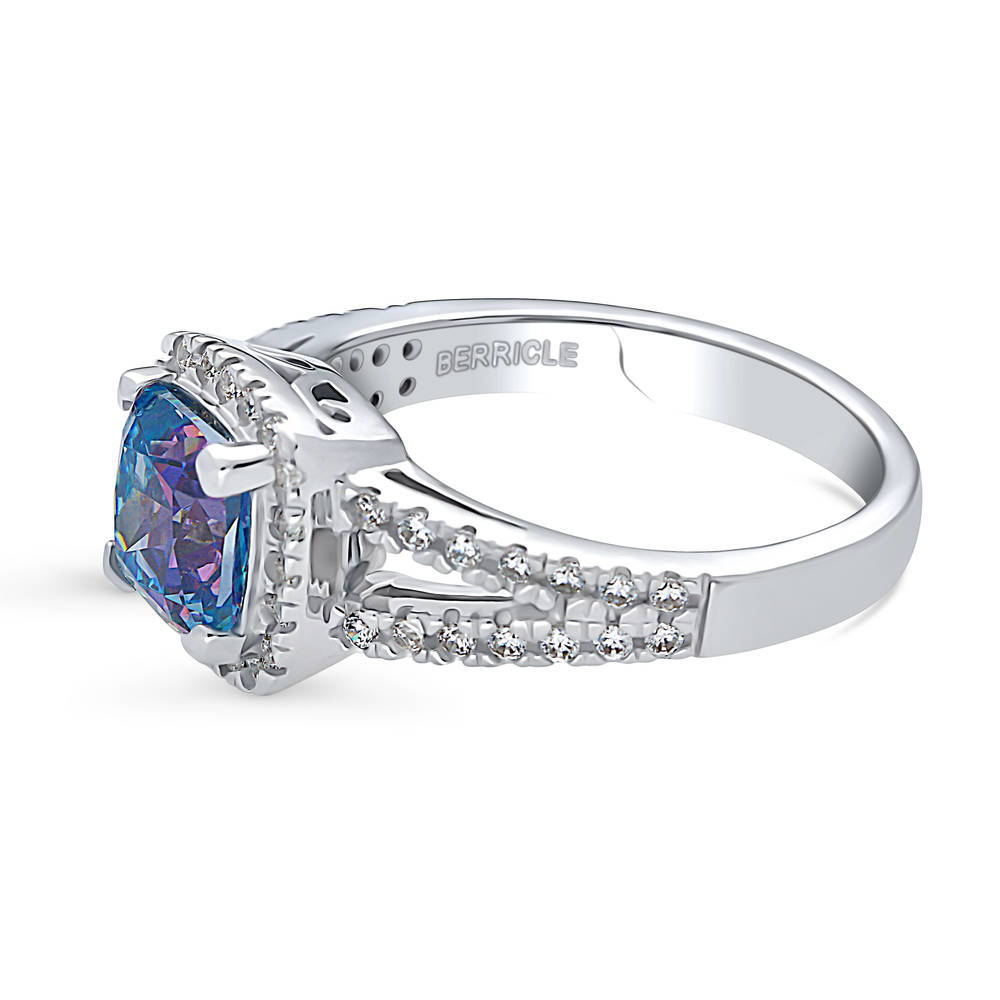 Angle view of Halo Purple Aqua Cushion CZ Split Shank Ring in Sterling Silver, 5 of 8
