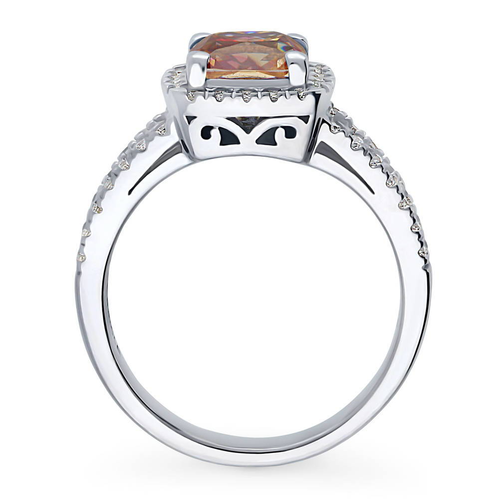 Halo Red Orange Cushion CZ Split Shank Ring in Sterling Silver