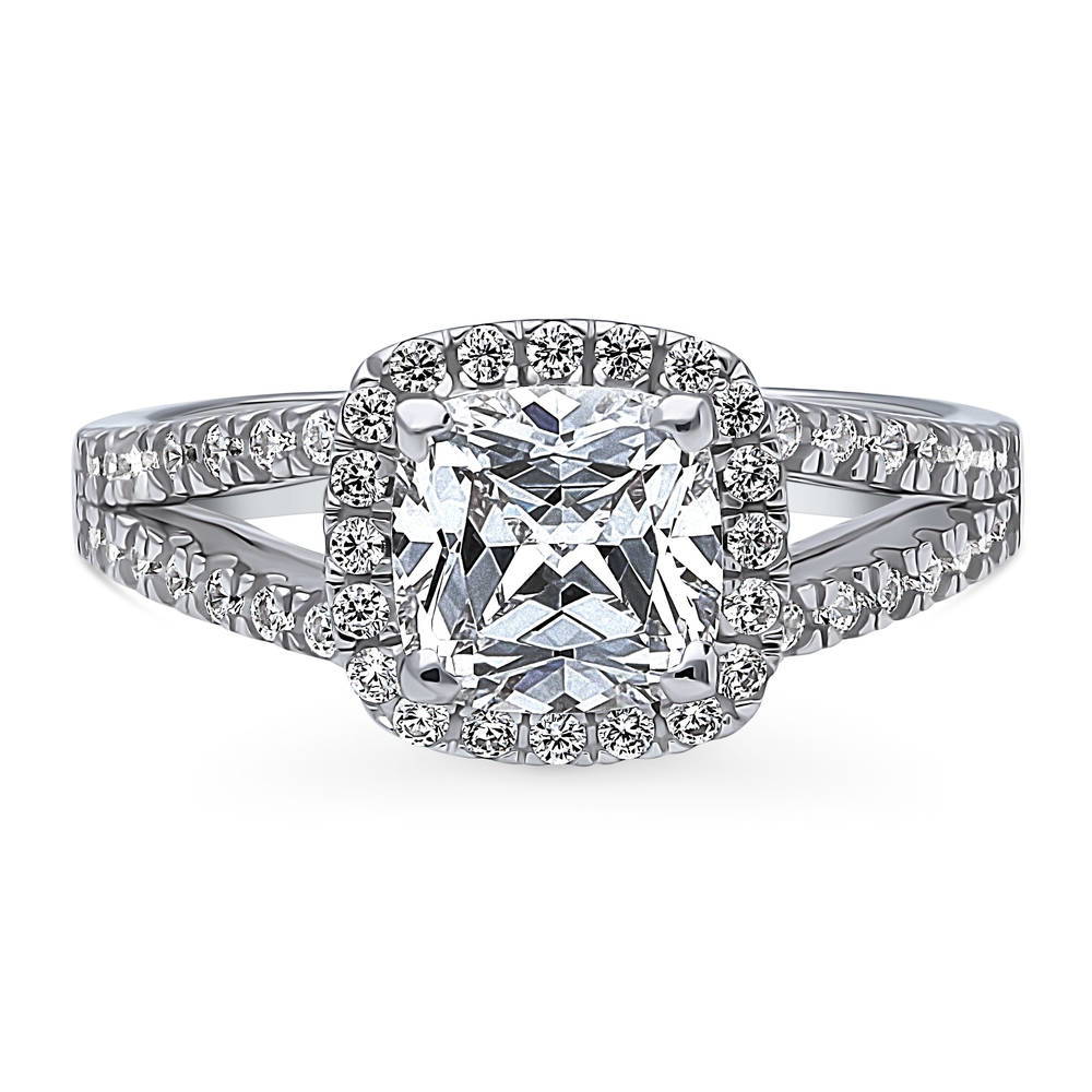 Halo Cushion CZ Split Shank Ring in Sterling Silver