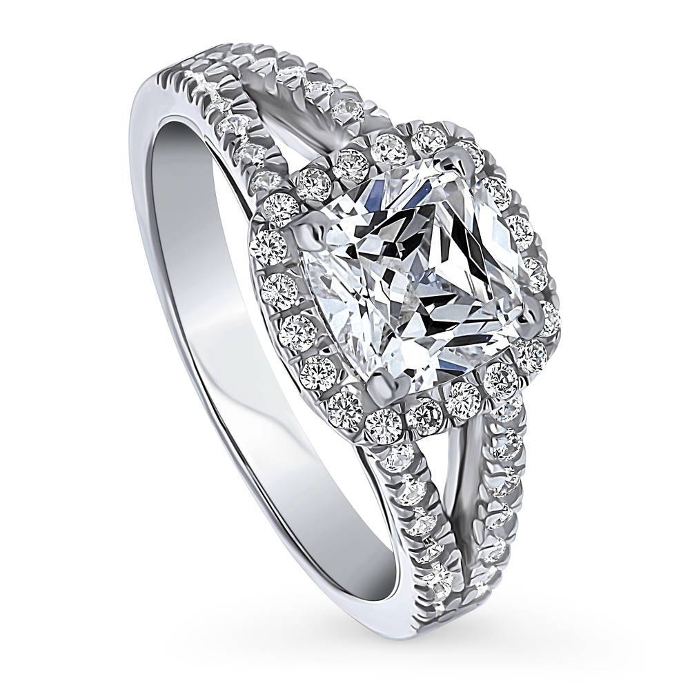 Halo Cushion CZ Split Shank Ring in Sterling Silver