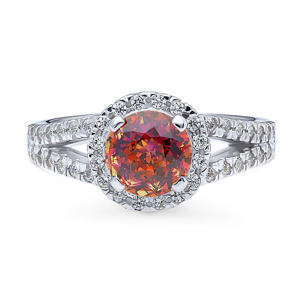 Halo Red Orange Round CZ Split Shank Ring in Sterling Silver