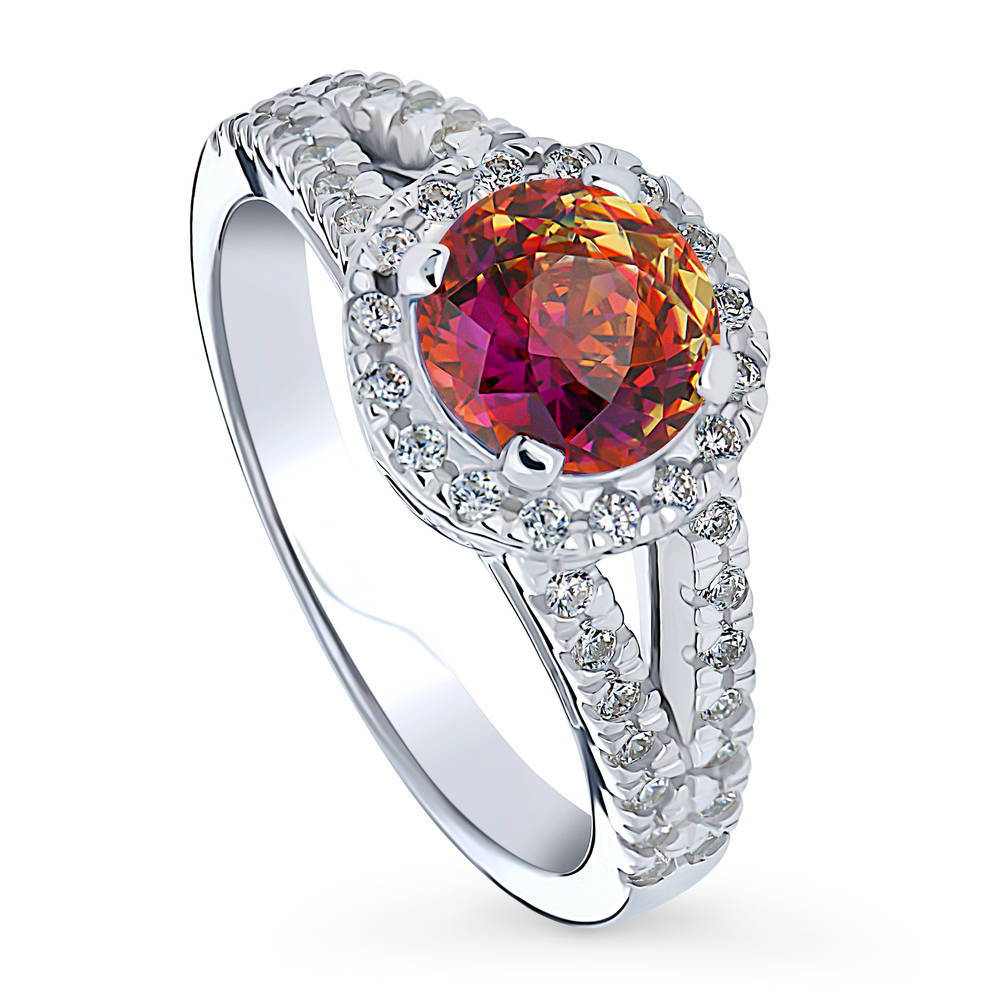 Halo Red Orange Round CZ Split Shank Ring in Sterling Silver