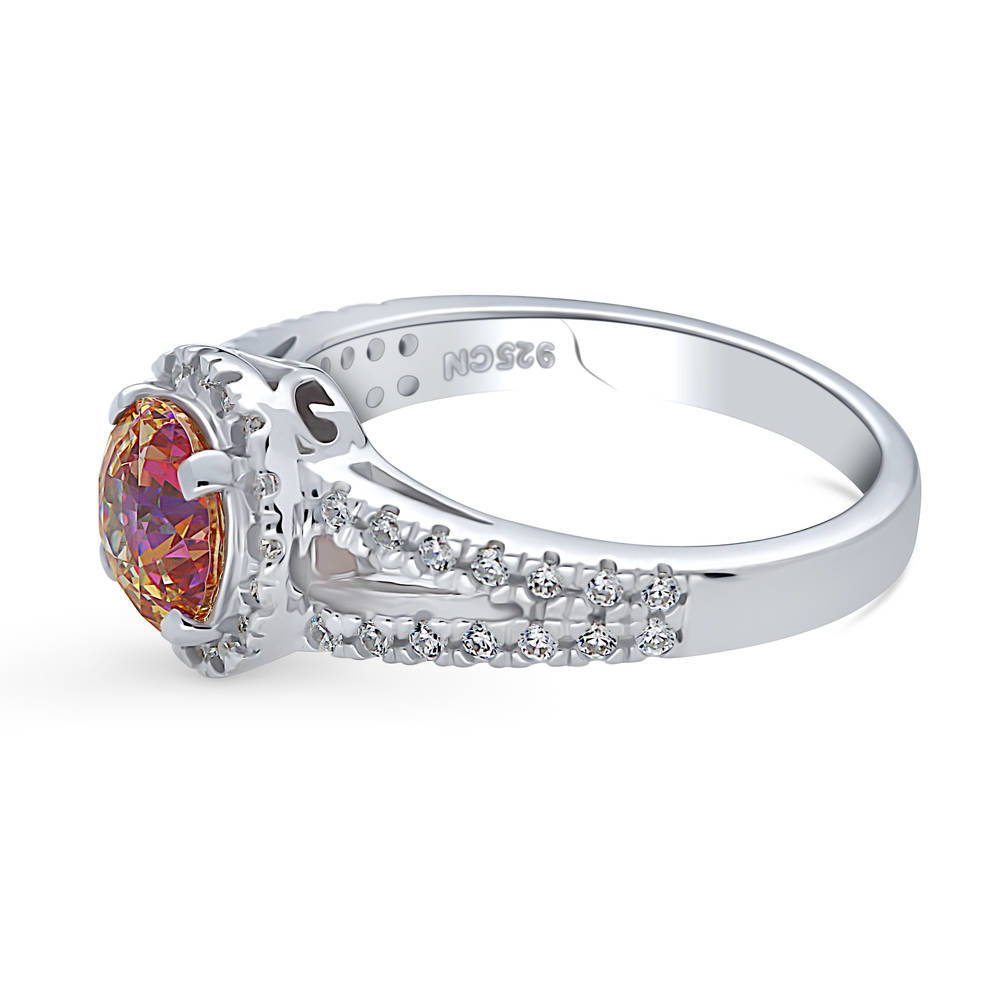 Halo Red Orange Round CZ Split Shank Ring in Sterling Silver