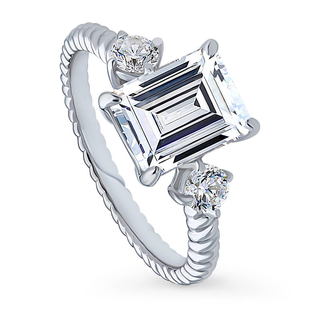 3-Stone Woven Emerald Cut CZ Ring in Sterling Silver