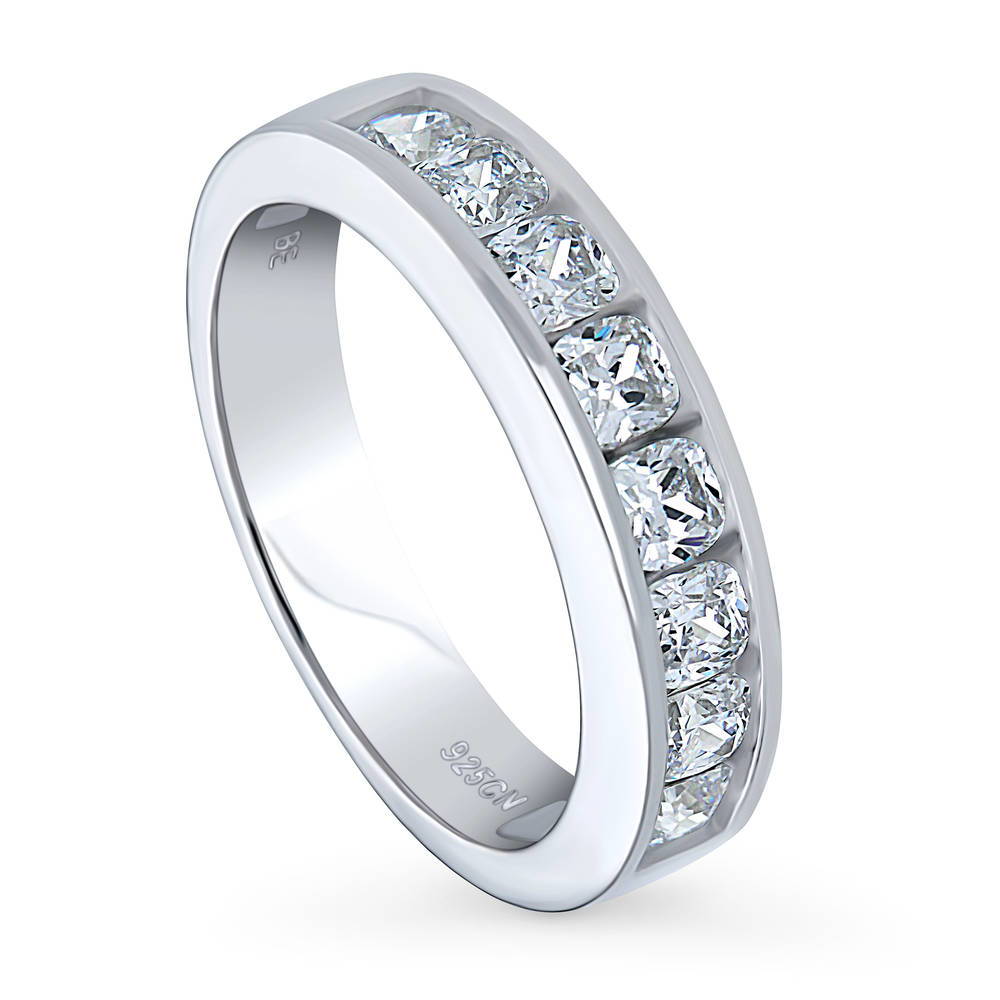 Front view of Channel Set Cushion CZ Half Eternity Ring in Sterling Silver, 4 of 8