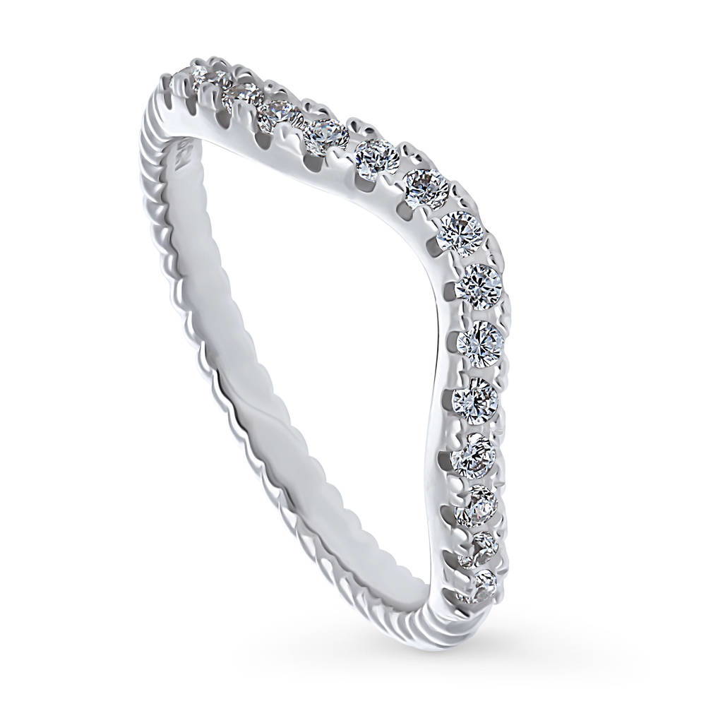 Woven Wishbone Pave Set CZ Curved Half Eternity Ring in Sterling Silver