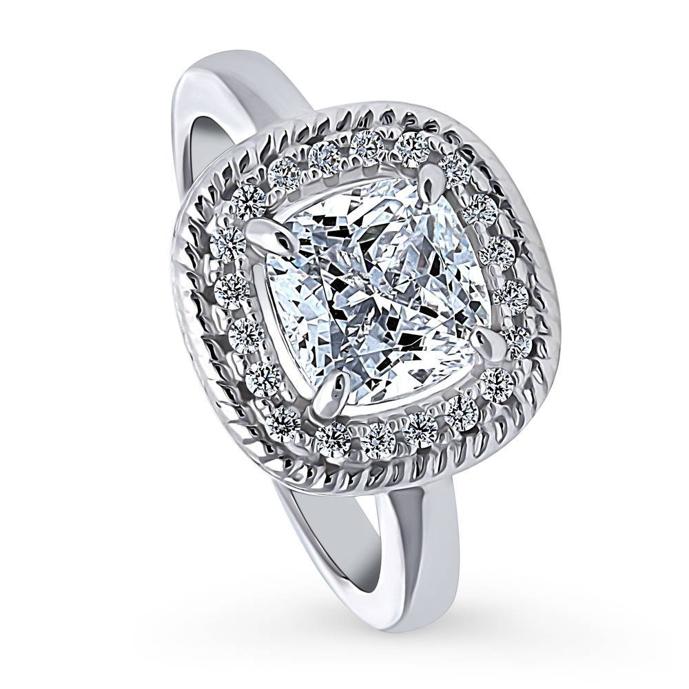 Halo Woven Art Deco Cushion CZ Ring in Sterling Silver