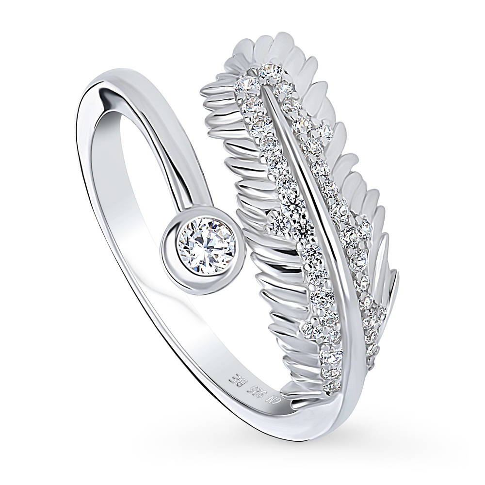 Front view of Feather Bypass CZ Ring in Sterling Silver, 4 of 9