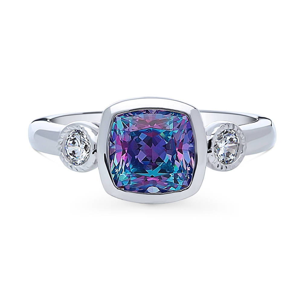 3-Stone Kaleidoscope Purple Aqua Cushion CZ Ring in Sterling Silver