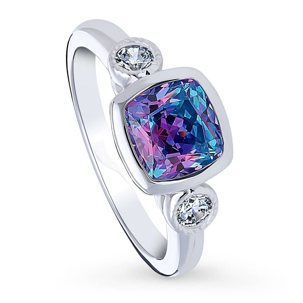 3-Stone Kaleidoscope Purple Aqua Cushion CZ Ring in Sterling Silver