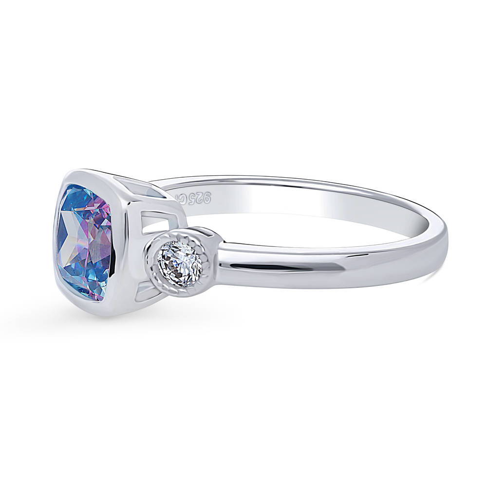 3-Stone Kaleidoscope Purple Aqua Cushion CZ Ring in Sterling Silver