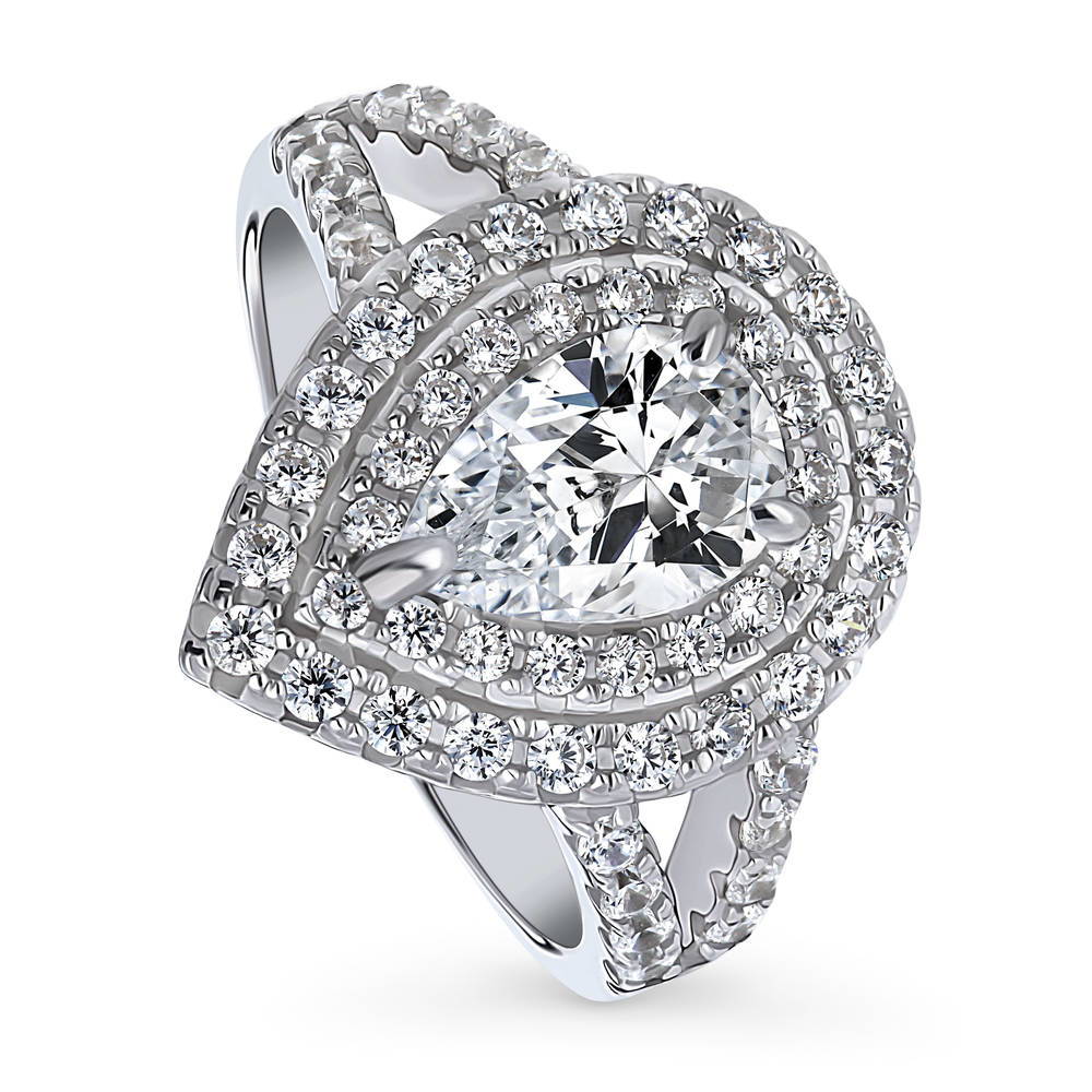 Halo Pear CZ Statement Split Shank Ring in Sterling Silver